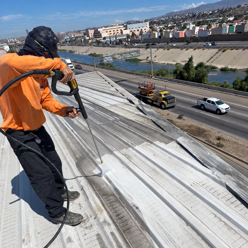 Trabajador con camisa naranja pinta de blanco un techo de lámina con pistola airless, con la autopista al fondo