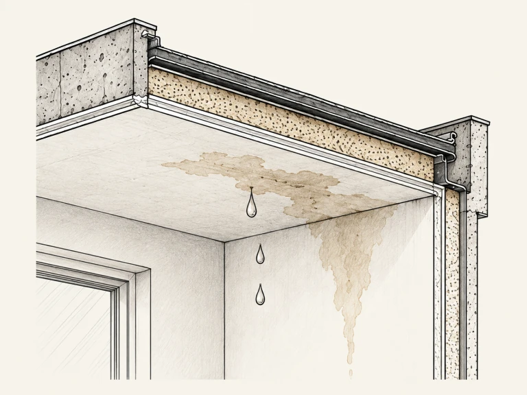 Ilustración de un techo visto en corte, con manchas de humedad en el plafón y la pared, y gotas de agua.
