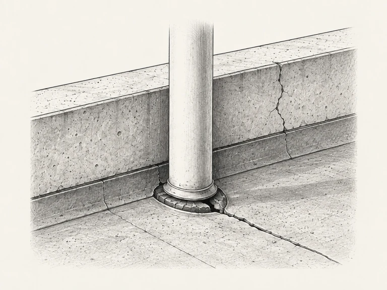 Ilustración de una tubería sobre una azotea, con el sello de la base abierto y grietas en el encuentro con el muro.