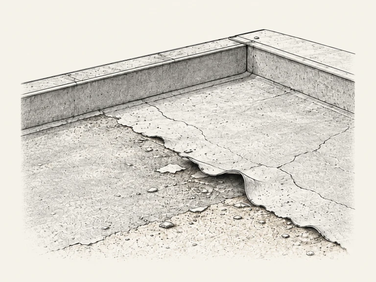 Ilustración de una azotea con recubrimiento cuarteado y una capa parcialmente desprendida.